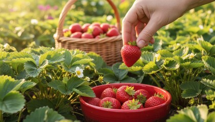 Woman holding a basket of fresh strawberries and vegetables in the garden