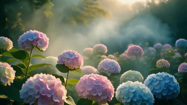 Soft mist drifting over a garden of pastel hydrangeas at dawn