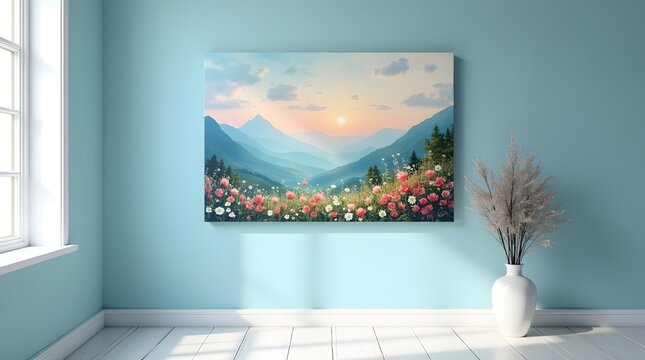Vibrant painting of a tranquil mountain valley with blooming flowers under a sunset sky, displayed on a blue wall - Powered by Adobe