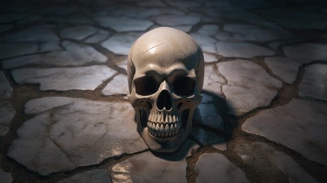 Skull resting on ancient marble floor with cracks