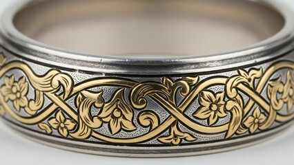 Exquisite two-tone ring with a detailed golden islamic vine and flower pattern, showcasing fine jewelry craftsmanship