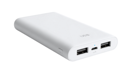 White portable power bank with usb ports for charging mobile devices, isolated on transparent background