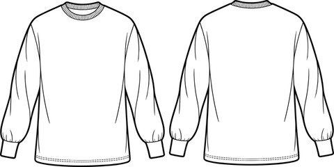 Technical Fashion CAD Drawing Flat Vector Illustration of an Oversized Sweatshirt or Sweater with Crew Neck and Gathered Sleeves, Front and Back View © MdMohibul