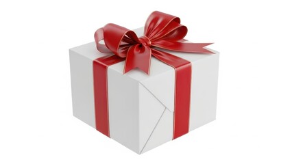 Obraz premium White gift box wrapped with shiny red ribbon and a large bow, isolated on white background for holiday celebration or surprise present concept