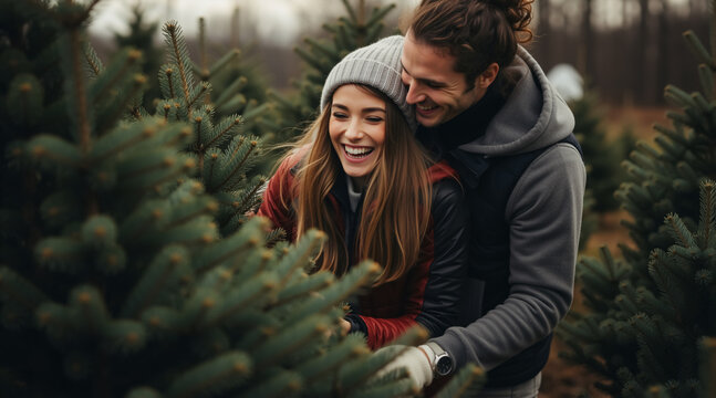 A happy young couple laughing together while choosing a Christmas tree at a farm. Man and woman embracing outdoors during the winter holiday season