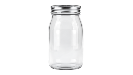 Empty clear glass jar with a silver metal screw lid, perfect for food storage or diy projects, isolated on transparent background