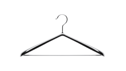 A minimalist and functional silvercolored metal clothes hanger, designed for hanging garments neatly, presented on a clean transparent background