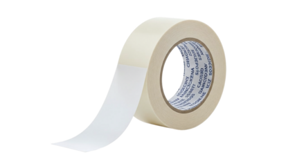 A roll of beige masking tape with a strip unrolled, commonly used for painting and crafting, isolated on transparent background