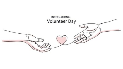 Minimalist line art illustration celebrating international volunteer day featuring two open hands connected by a string with a small heart in the middle, isolated on white background