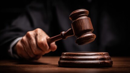 Judge in Courtroom Prepares to Bang Gavel on Sounding Block During Important Legal Proceedings