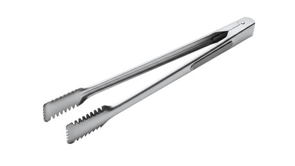 A pair of stainless steel kitchen tongs, a versatile utensil for cooking, grilling, and serving food, isolated on transparent background