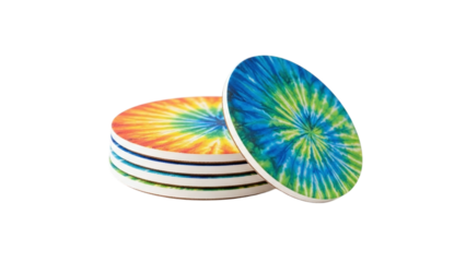 Colorful tiedye drink coasters stacked and standing upright, featuring vibrant spiral patterns, isolated on transparent background