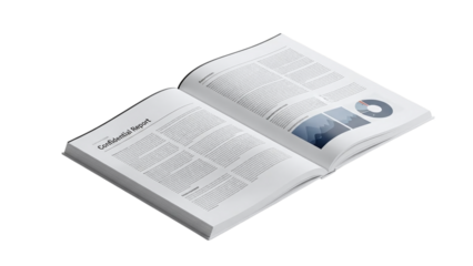 Open book with text and images, showing content on both pages, isolated on transparent background