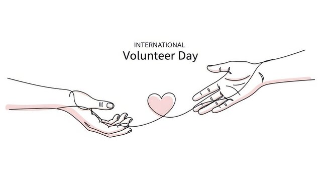 Minimalist line art illustration celebrating international volunteer day featuring two open hands connected by a string with a small heart in the middle, isolated on white background