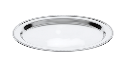 Elegant silver oval serving tray with a decorative beaded rim, ideal for formal events and home decor, isolated on transparent background