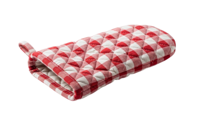 A red and white checkered oven mitt, a kitchen essential for safe handling of hot dishes, isolated on transparent background