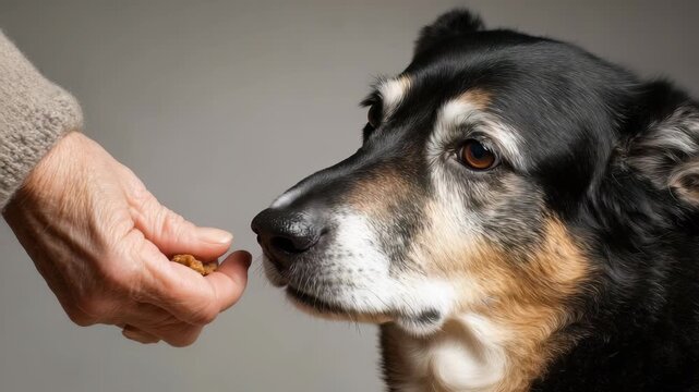 Senior dog with black and tan fur receives a treat from an elderly hand, highlighting the bond between humans and pets. Close up portrait captures gentle interaction and trust