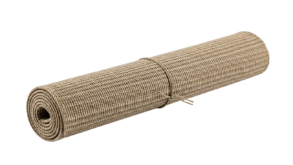 A tightly rolled natural fiber mat, showcasing its intricate woven texture and earthy tones, presented on a clean transparent background