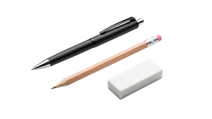 Black pen, wooden pencil, and white eraser, essential stationery for writing, drawing, and correcting tasks, isolated on transparent background