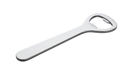 A single, polished silver bottle opener, an indispensable tool for uncapping drinks, is cleanly isolated on a transparent background