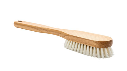 A sturdy wooden clothes brush featuring soft white bristles, designed for effective garment care and lint removal, isolated on transparent background