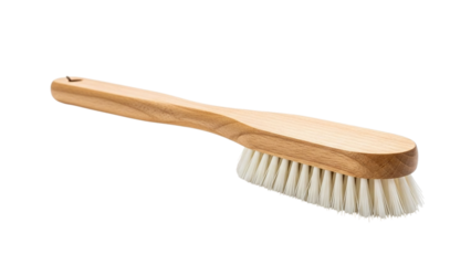 A sturdy wooden clothes brush featuring soft white bristles, designed for effective garment care and lint removal, isolated on transparent background