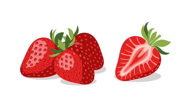 A vibrant illustration of ripe red strawberries, featuring a group of whole berries and one cut in half to reveal its juicy interior.