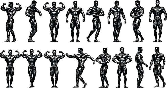 Bodybuilder vector illustration set, muscular man posing, black and white fitness character, strong anatomy, gym workout silhouette, bodybuilding contest collection