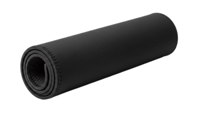 Black rolled mat for yoga, exercise, or desk use, showcasing texture and compact design, isolated on transparent background