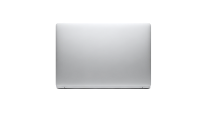 Modern silver laptop computer, viewed from the rear with the lid closed, against a clean white backdrop, isolated on transparent background