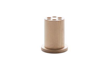 A natural wooden cylindrical organizer with five small holes on its top surface, resting on a flat base, isolated on transparent background