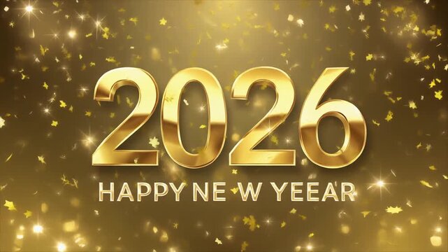 Festive golden 'Happy New Year 2026' greeting with shimmering confetti, symbolizing joyous celebrations and auspicious beginnings for the upcoming year