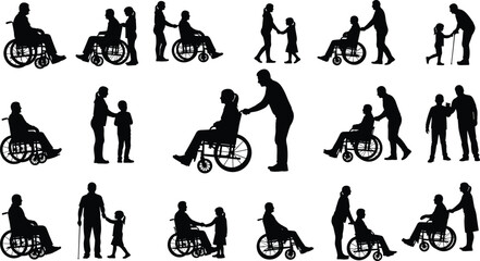 Caregiver silhouette, disability support scene, wheelchair assistance, walking aid help, family care, black vector illustration, healthcare compassion, inclusive design