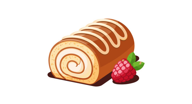 Cartoon illustration of a Swiss roll cake with creamy white filling, garnished with a vibrant raspberry and fresh mint leaves.