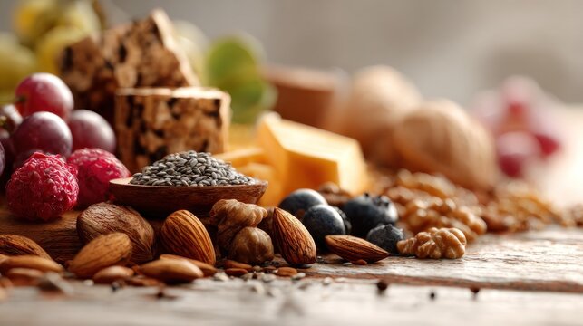 Artistic closeup of diverse snack arrangement on rustic wooden surface
