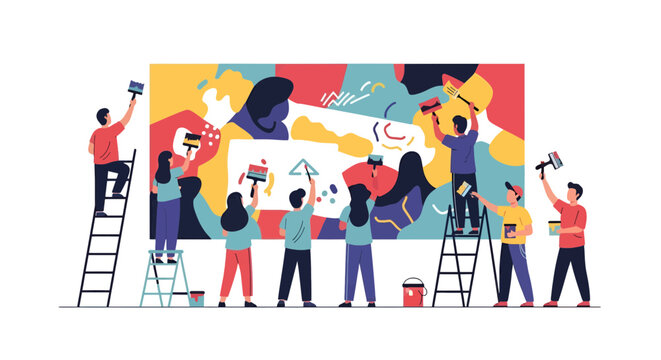 Creative team crafting vibrant mural together, collaborative art project showcasing teamwork and joyful expression, modern art creation with diverse artists