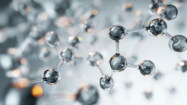 Molecular structure visualization with silver spheres and interconnected bonds