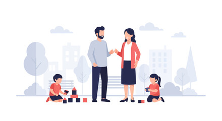 Happy modern family spending quality time together in the park, children playing with blocks, parents smiling, fostering childhood development and family bonds