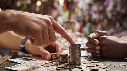 People Counting Coins and Banknotes at Market Stall in Africa