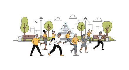Diverse group jogging together in the park, promoting health and wellness with fountain and trees, ideal for fitness blogs and community campaigns
