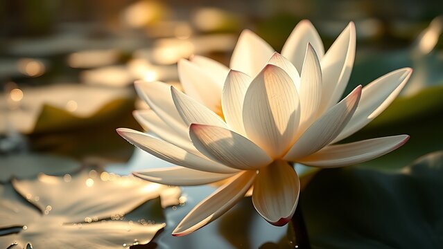 patera. Water lily petals unfolding at dawn with morning dew on serene pond. gardening catalogs, home-decor guides, designed for gardening and botanical catalogs, used by ngo communicators.