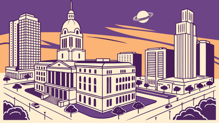 Modern vector detailed cityscape of houston skyline with buildings and planet graphics. Suitable for city skyline illustrations and urban themes.