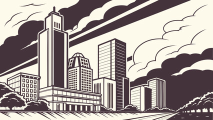 Houston skyline vector with art deco design under dramatic clouds is ideal for vintagethemed designs or houston city promotions.