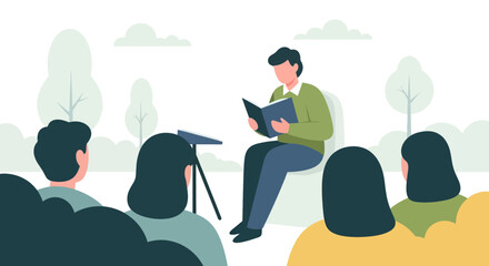 Engaging outdoor book reading session with an audience, perfect for promoting literacy programs or community events, originally vector for scalable designs