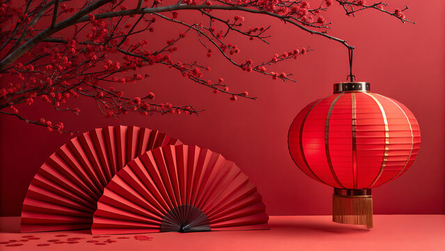 Festive red lantern, decorative fans, and blooming branches for lunar new year