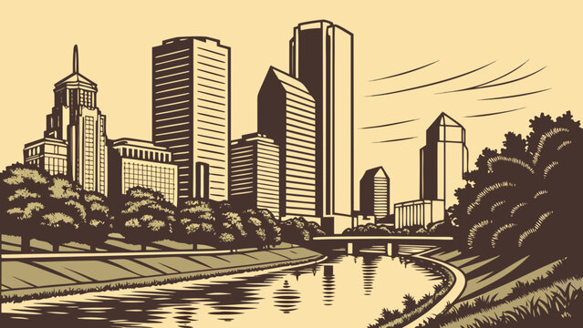 Houston skyline vector of cityscape, river, skyscrapers, and greenery. Perfect for travel publications, city guides, and promotional materials.