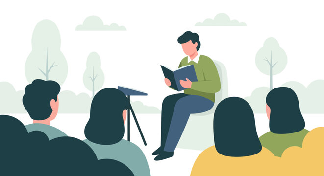 Engaging outdoor book reading session with an audience, perfect for promoting literacy programs or community events, originally vector for scalable designs