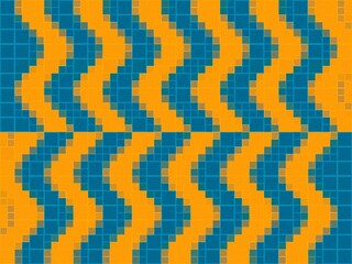Wavy, pixelated pattern in shades of blue and vibrant orange.