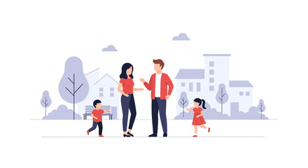 Obraz premium Happy family enjoying quality time together in a peaceful neighborhood, perfect for illustrating family values, community, and the joys of everyday life