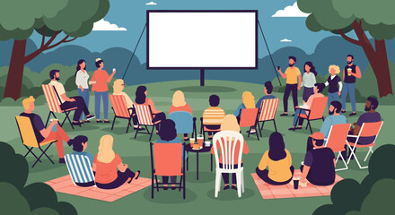 Outdoor movie night gathering friends and family enjoying cinematic experience under the stars, perfect for summer fun and community events in the park